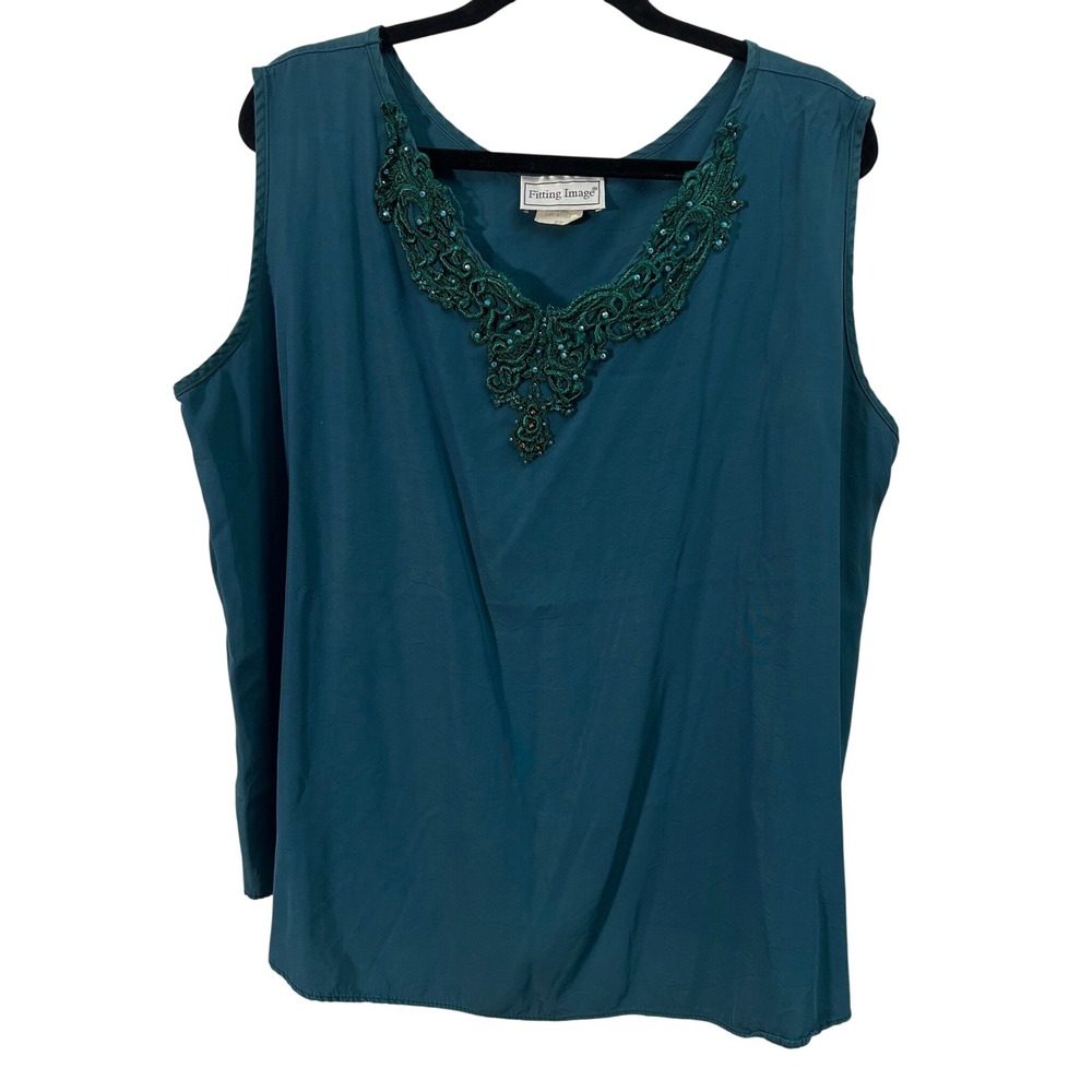Fitting Image Tank Top 22 Vintage Cottagecore Beaded Lace V-Neck Teal Green